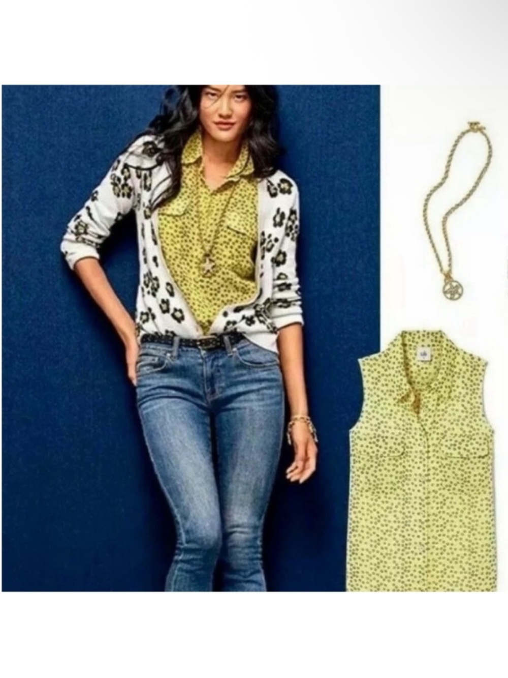 Cabi Viola blouse yellow black daisy print sleeveless semi sheer button front - Picture 2 of 10